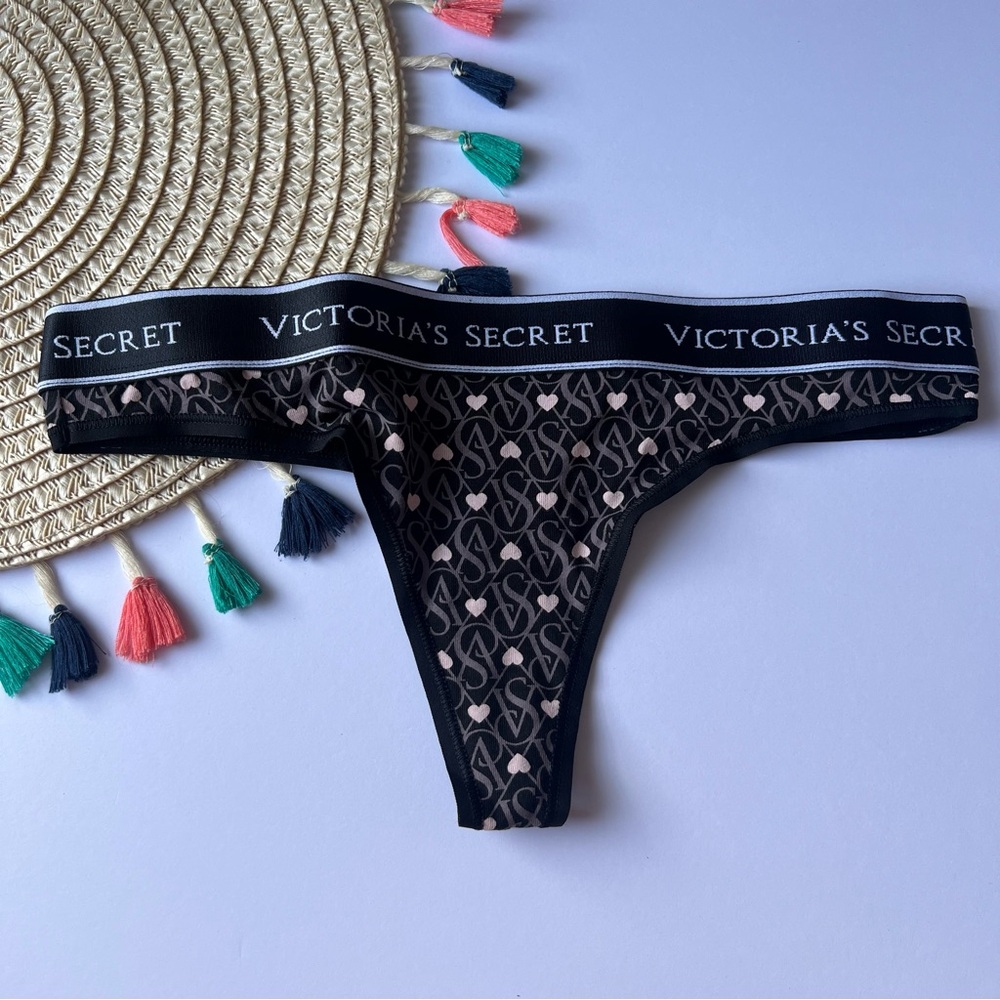 Victoria's Secret Logo Cotton Thong Panty Black Logo Hearts Small NEW